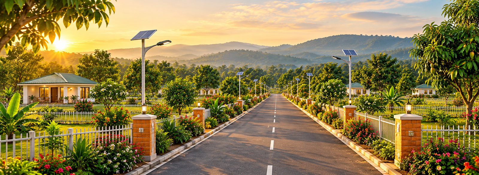 Farm road with solar lighting and green plots